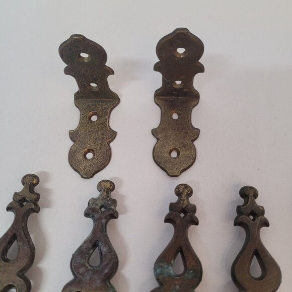 Vintage Metal Brass Hardware Drawer Pulls & Covers 14 Pc Set w Brackets - Picture 5 of 9